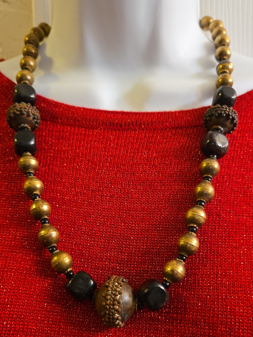 Vintage 1980's Rustic Brown and Black Beaded Necklace